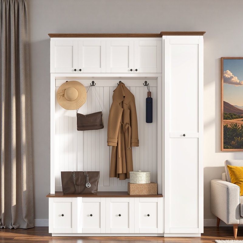 5-in-1 Hall Tree With Bench, Coat Rack, Drawers, Cabinets And Extra-large Side Storage Space, White