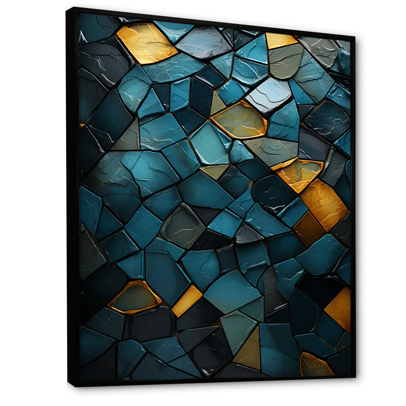 Décoration murale bleue et dorée Elegance II - marbre, Cadre flottant noir, H 40 po x l 30 po x P 1,5 po