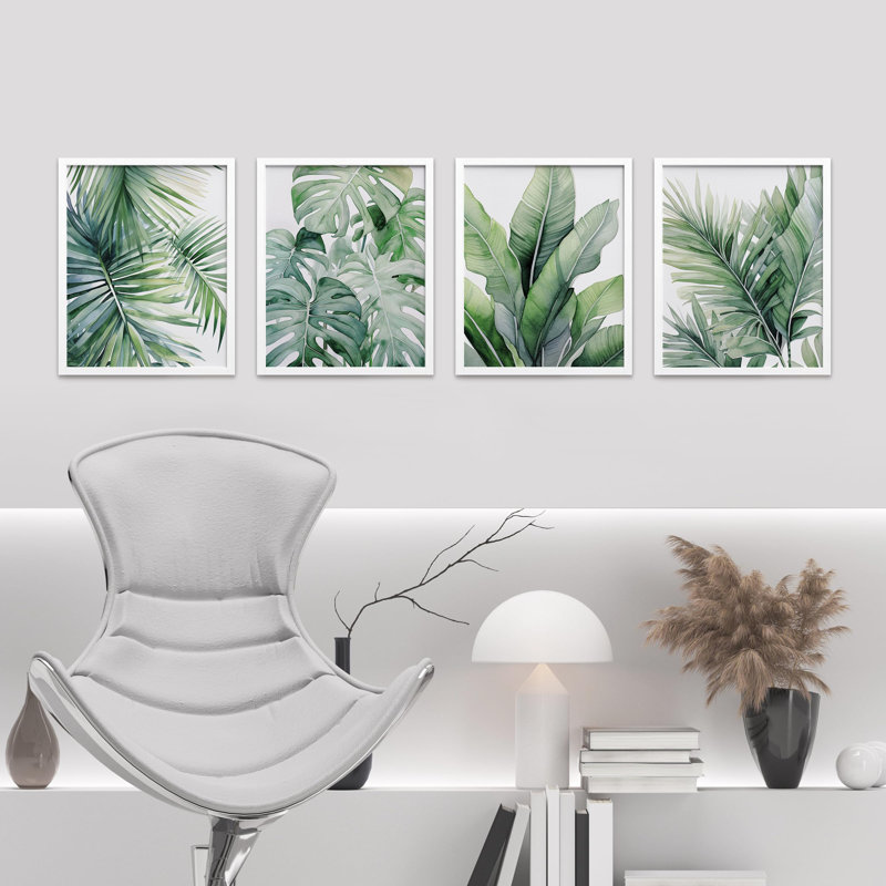 Plantes de la jungle tropicale, feuilles vertes, 4 pièces, H 16 po x l 12 po, Blanc