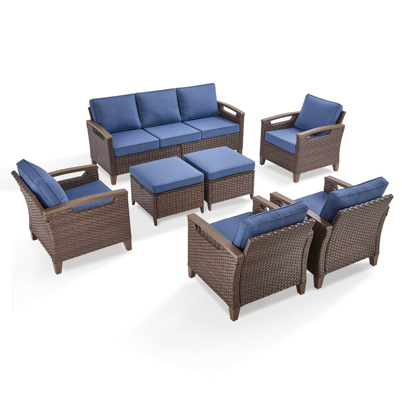 Arundel 7-9 Person Outdoor Courtyard Wicker Family Conversation Set Group With 4 Armchairs, Blue