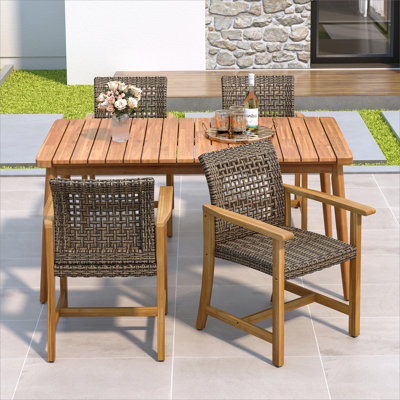 5-Piece Patio Dining Set, 63" Slatted Table & 4 Acacia Wood & PE Rattan Chairs for Patio Garden