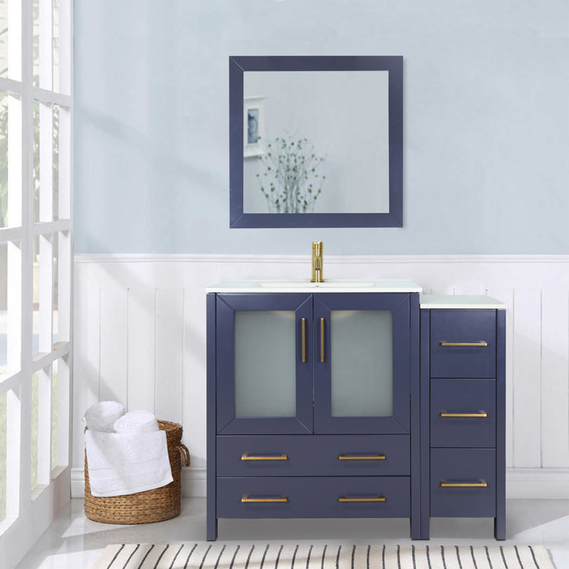 Brescia 36" Single Sink Freestanding Bathroom Vanity with Ceramic Top and Matching Mirror, Blue