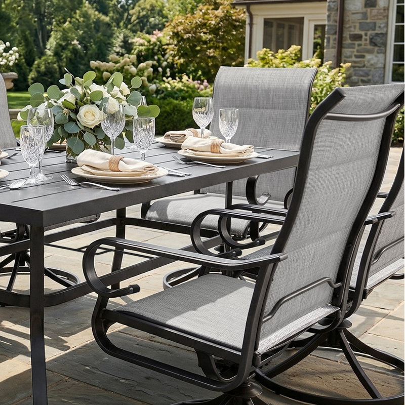 Burlington 7-piece Padded Textilene Patio Dining Set With Umbrella Hole, Swivel Design