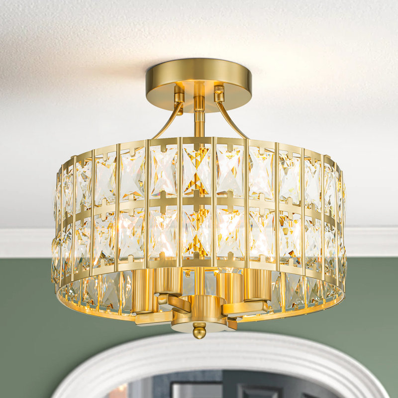 Elonso 12.5" W 4-Light Crystal Semi Flush Mount, Brass 