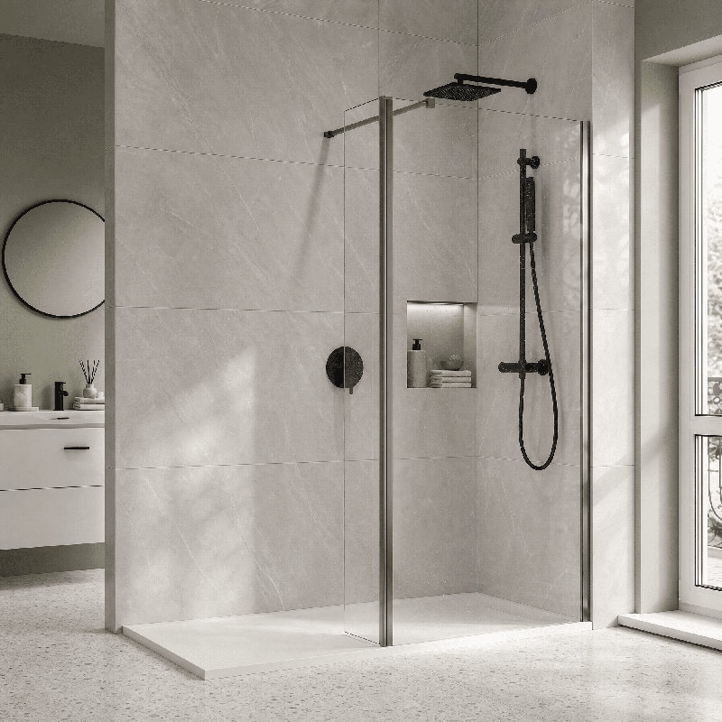 nuie 215mm Brushed Pewter Fixed Return Wetroom Screen