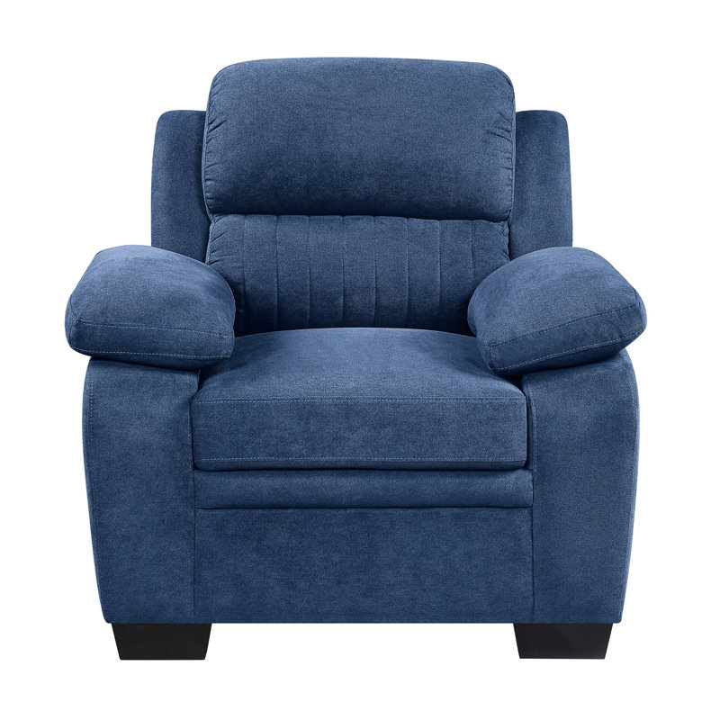 Chaise en tissu texturé bleu avec structure en bois massif pour dossier et siège