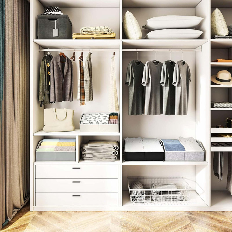 6 Pack Closet Organizer Bins – Large Fabric Trapezoid Storage Cubes, Collapsible Shelf Containers, Handles, Light Gray, Clothes Towels Use