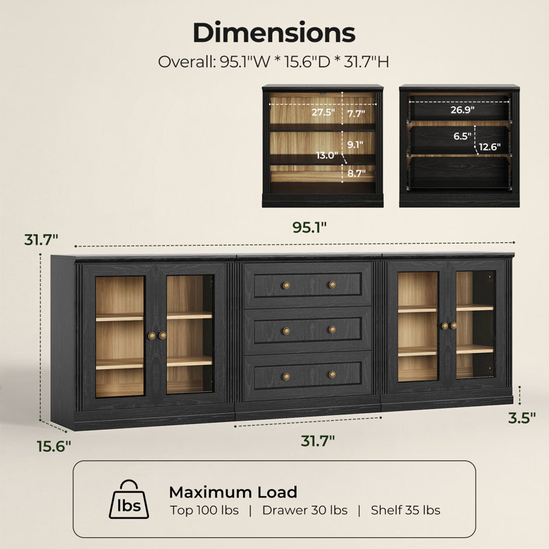 Ensemble d'armoires de rangement modulaires Monos 95,1 po avec tiroirs et portes d'exposition, noir, Black
