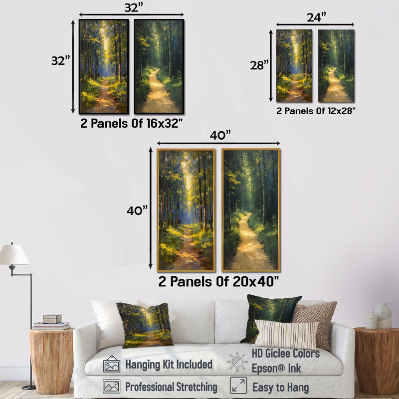 Sentier vert et jaune dans un bois murmurant l'été I - ensemble d'art mural forêt, H 40 po x l 40 po, Toile tendue sur cadre