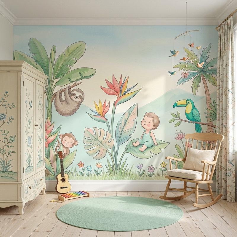 Décoration murale aquarelle tropicale Jungle, 100 po x 96 po, Texturé non collé