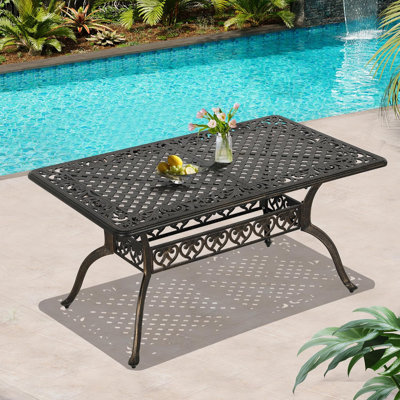 86.6" Patio Dining Table Outdoor Cast Aluminum Large Table, 8 People Party Table With 2" Umbrella Hole For Lawn Backyard Garden, Bronze And Blak 86.6" L X 41.3" W X 28.4" H