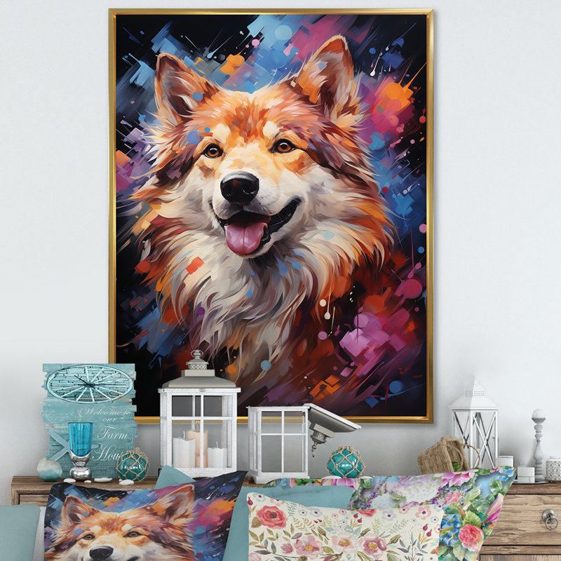Chien Akita Aura II - impressions sur toile de chien, Cadre flottant doré, H 40 po x l 30 po