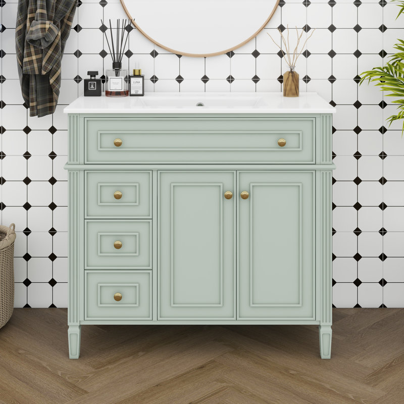 36" Bathroom Vanity With Ceramic Sink, Free Standing Single Basin Vanity Set With Tip-Out Drawer, 3 Drawers, And 2 Doors