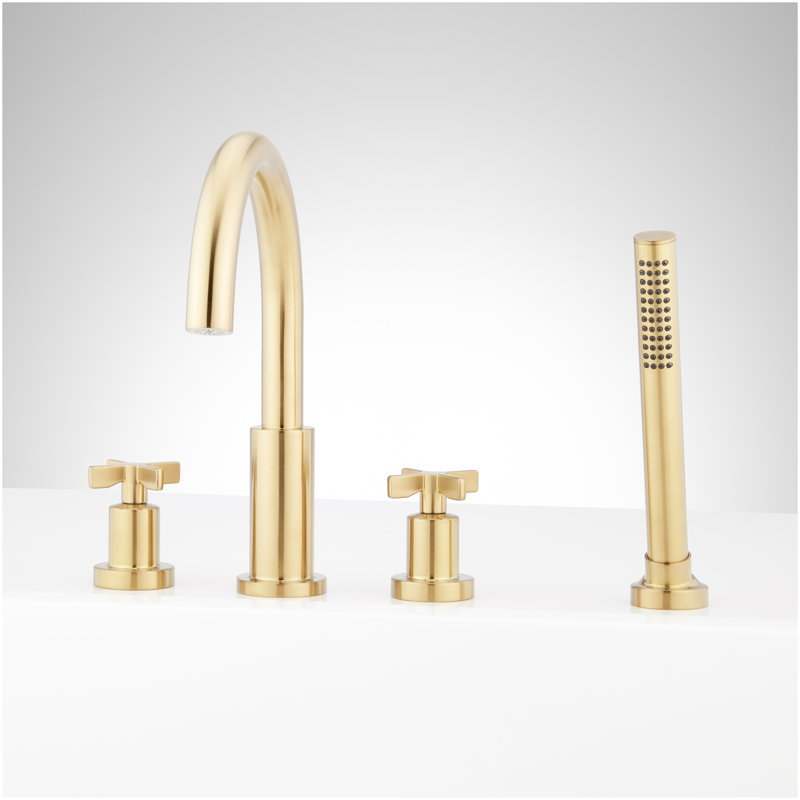 Vassor 4-Hole Roman Tub Faucet and Hand Shower with Rough-In Valve - Brushed Gold, Brushed Gold