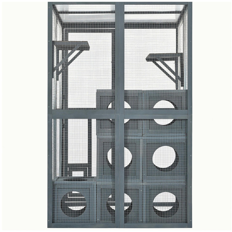 Enceinte d'extérieur pour chat avec portes à double entrée Catio, tablettes grimpantes grises, aire de jeu en bois de pin résistant aux intempéries avec 7 boîtes en bois combinées Freely
