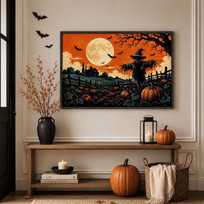 Toile orange citrouille orange avec épouvantail et pleine lune, H 18 po x l 24 po