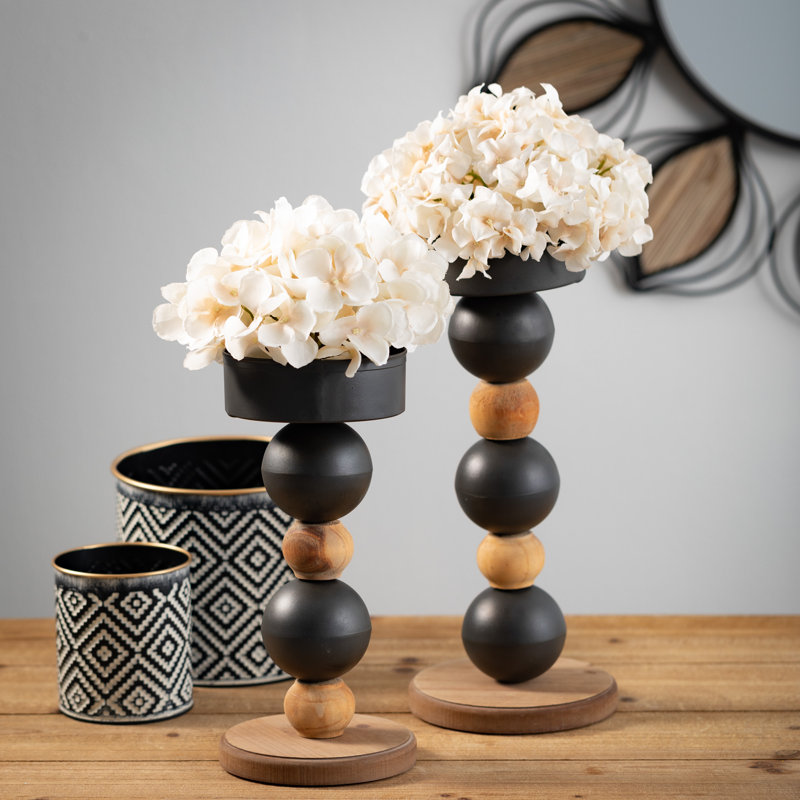 Black and Brown Wood and Metal Sphere Pillar Candle Holders, Set of 2