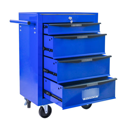 4, Multifunctional Tool Chest, Metal Cabinet, Bearing Slides, , Pull Handle, Easy Moving 20" Steel 4 Chest With Drawer Black & Blue Finish, 4 Universal Wheels For Flexible Movement, Key Lock Secure