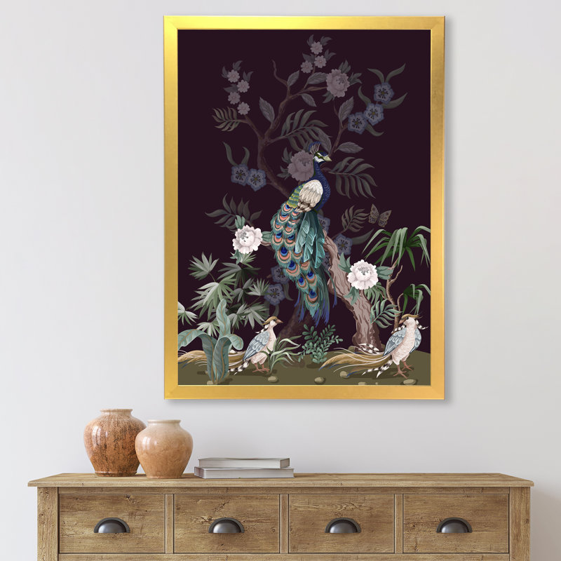 Chinoiserie avec oiseaux et pivoines V - Peinture sur toile, H 32 po x l 24 po x P 1 po, Cadre doré