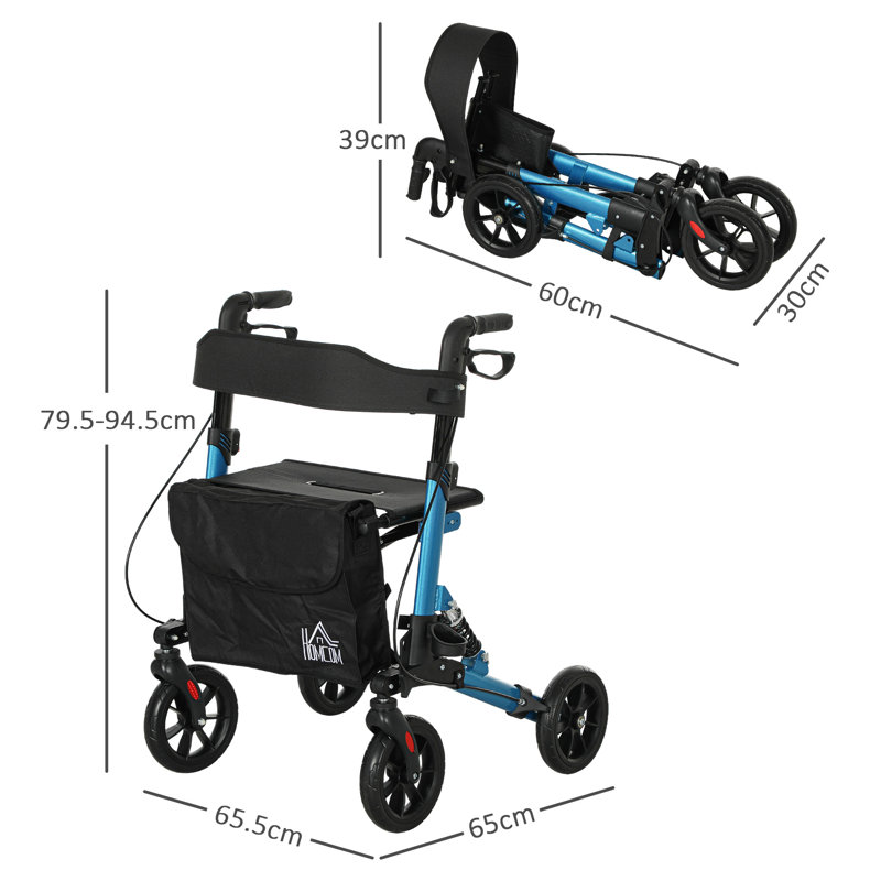 HOMCOM Folding Rollator Walker with Seat Backrest Bag 4 Wheels, Blue
