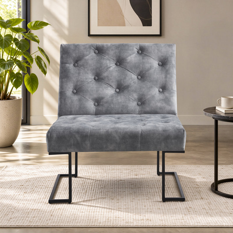 Klara 29.33" Wide Tufted Velvet Slipper Chair with Metal Sled Base, Gray Velvet, Black