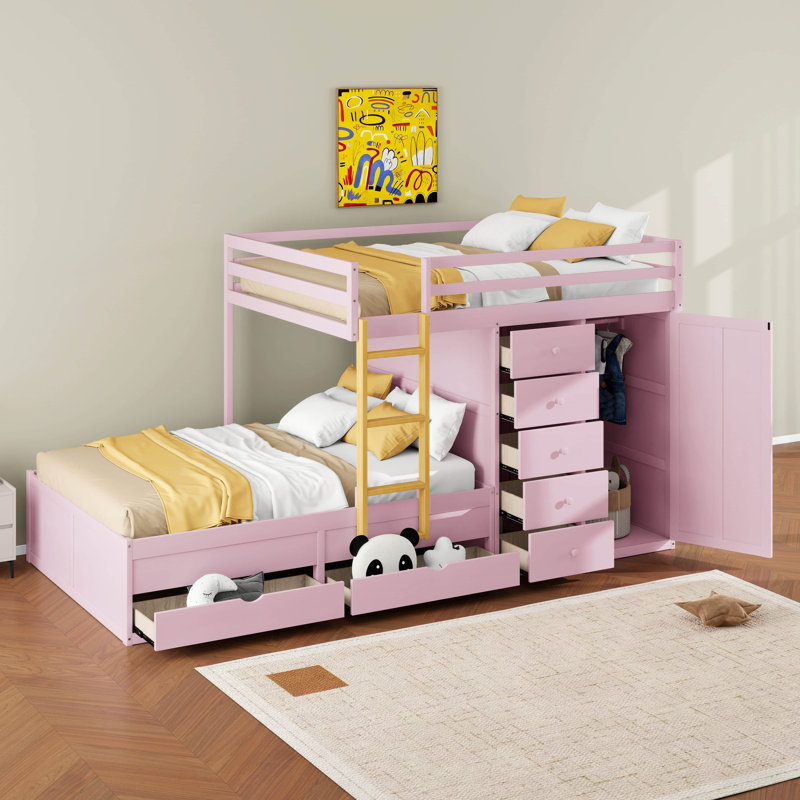 Lit superposé double, lit superposé moderne en bois avec rangement, 2 grands tiroirs, 5 petits tiroirs et petite armoire