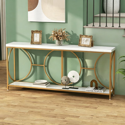 71 Inch Extra Long Console Table With Faux Marble Top, 2-Tier Storage Shelf, Narrow Sofa Table With Geometric Frame For Living Room, Hallway, Foyer