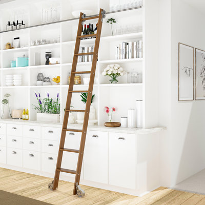 Walnut 8.92' 8-Step Wood Rolling Sunburst Wheel Ladder