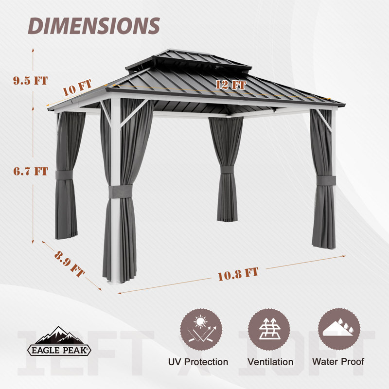 12 Ft. W x 10 Ft. D Outdoor Patio Gazebo, Hardtop Gazebo with Galvanized Steel Double Roof Aluminum Frame, 12 x 10 Ft