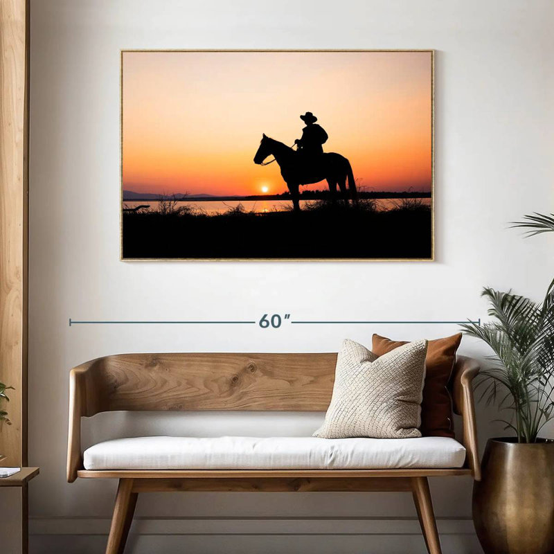 Silhouette de cowboy, Cadre flottant en bois naturel, 46 po x 31 po
