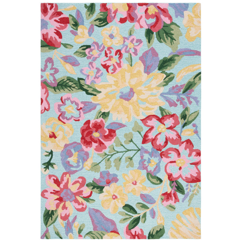 Tapis floral bleu / rose en polyester touffeté à la main Floral, Rectangle de 5 pi x 8 pi
