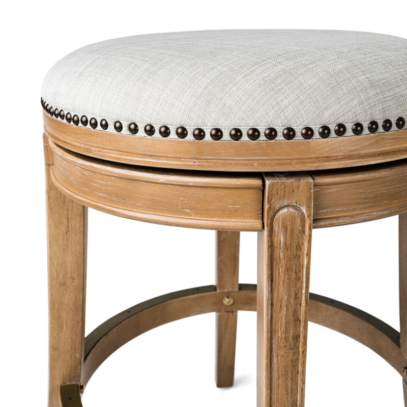 Weathered Oak Backless Swivel Counter Stool with Sand Upholstery