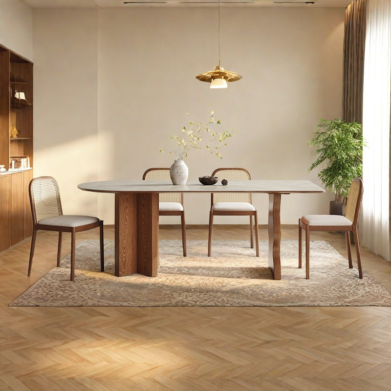 Matte rock plate semi-oval dining table set, 31.49"H x 62.99"L x 31.49."W