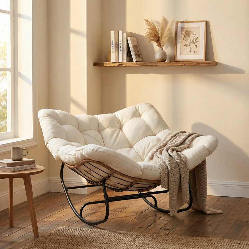 Oversized  Rocking Papasan Chair with 6" Thick Cushion, Beige, Beige