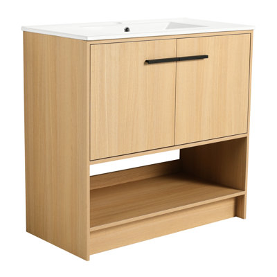 Armoire de salle de bain autoportante 36 po avec évier en céramique, fabrication en contreplaqué, 2 portes, contreplaqué de meuble-lavabo fonctionnel, fermeture élégante