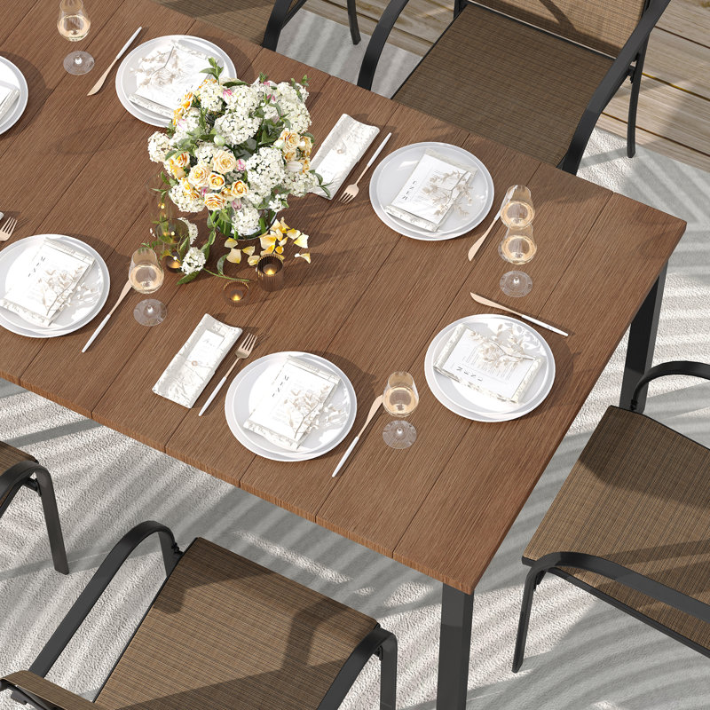 Leyre 6 - Person Metal Patio Dining Set with Rectangular Table, Brown/Brown
