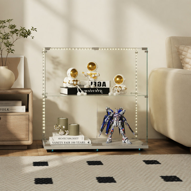 Vitrine en verre trempé, armoire à vin, armoire de rangement, classeur, avec bande lumineuse à DEL Bluetooth, roulettes pivotantes verrouillables