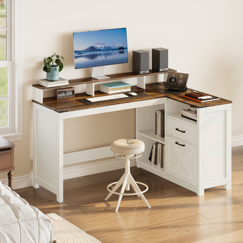 Bureau d'ordinateur en L Farmhouse avec station de charge et éclairage réglable