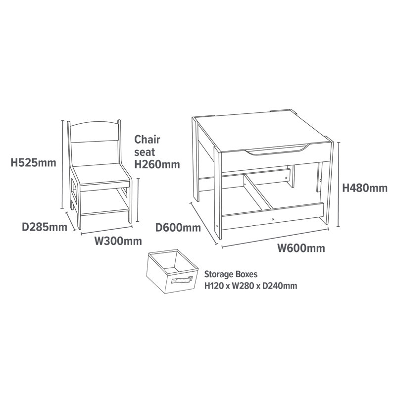 Kids Wooden Activity Table and Two Chairs with Grey Storage Bins