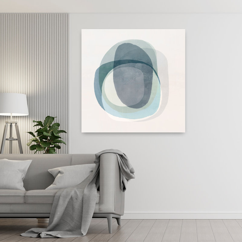 Art mural abstrait contemporain surplombant le calme aux teintes douces, H 48 po x l 48 po, Bleu