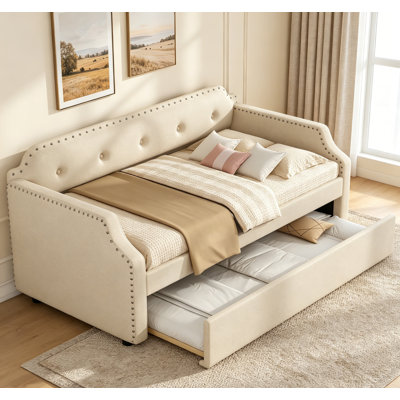 Élégant lit de jour rembourré en lin avec couchette, support en lattes de bois et matelas simple compatible, beige
