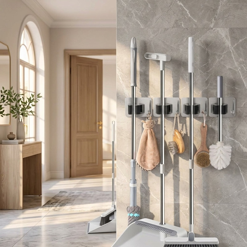 4-Pack Stainless Steel Self-Adhesive Mop & Broom Holder with Hooks