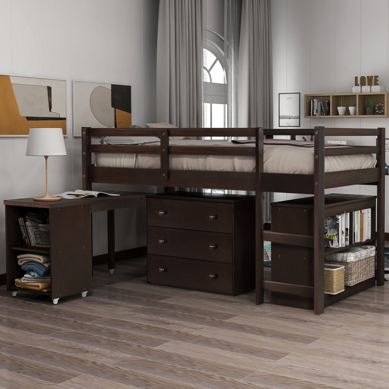Lit mezzanine bas avec cabinet et bureau portatif à roulettes Low Old Sku: Lpaae, Gris