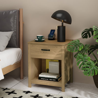 Table de chevet en bois avec tiroir et tablette ouverte, table de chevet moderne avec rangement, table de bout en bois pour chambre à coucher, salon ou appartement, finition naturelle, brun