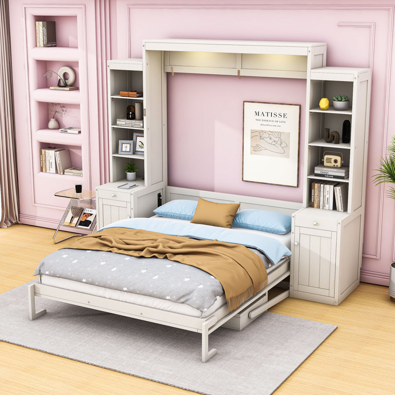 Grand lit escamotable en bois avec tablettes de rangement, Blanc
