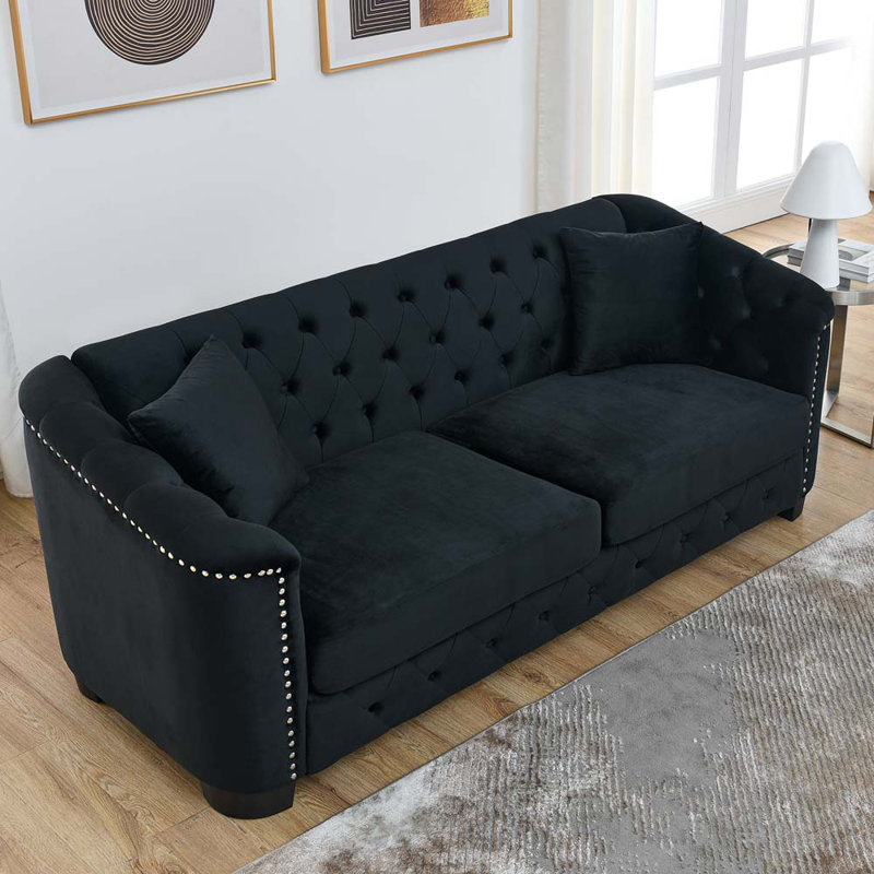 Canapé 3 places moderne en velours Chesterfield Jaivian, Velours noir
