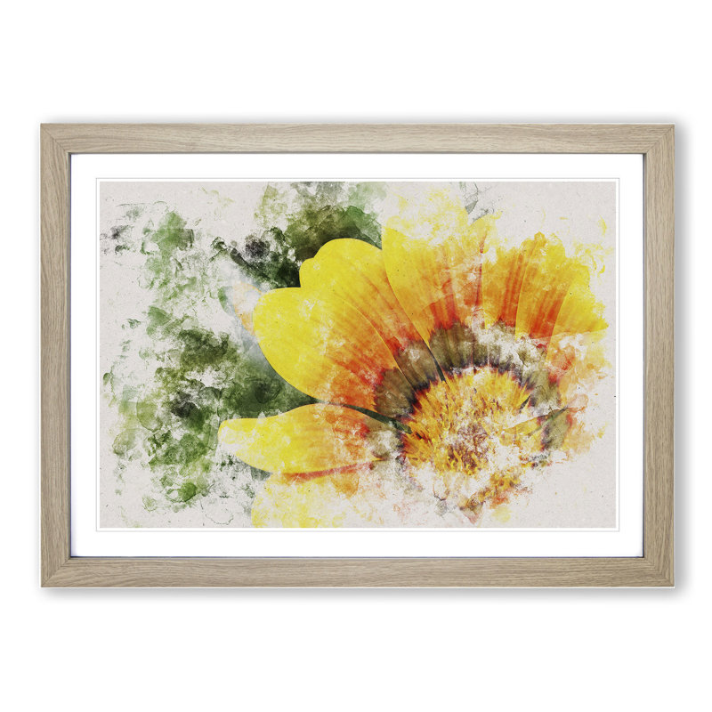 Bright Yellow Flower Watercolour - Framed Print, 36cm H x 48cm W x 2cm D, Oak