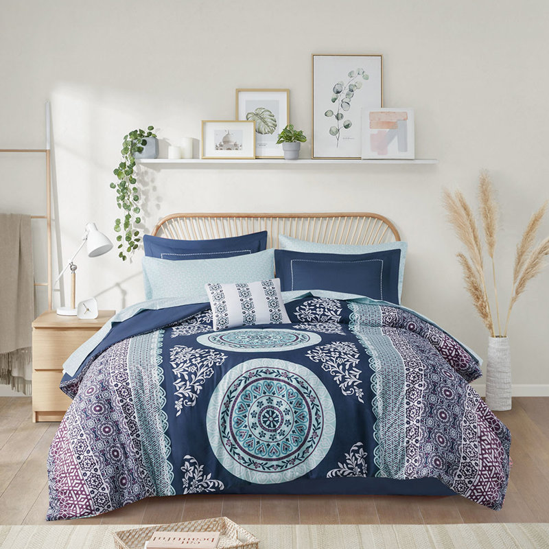 Édredon bleu marine à motif de draps - Imprimé, Édredon lit double et 8 pièces incluses, Navy