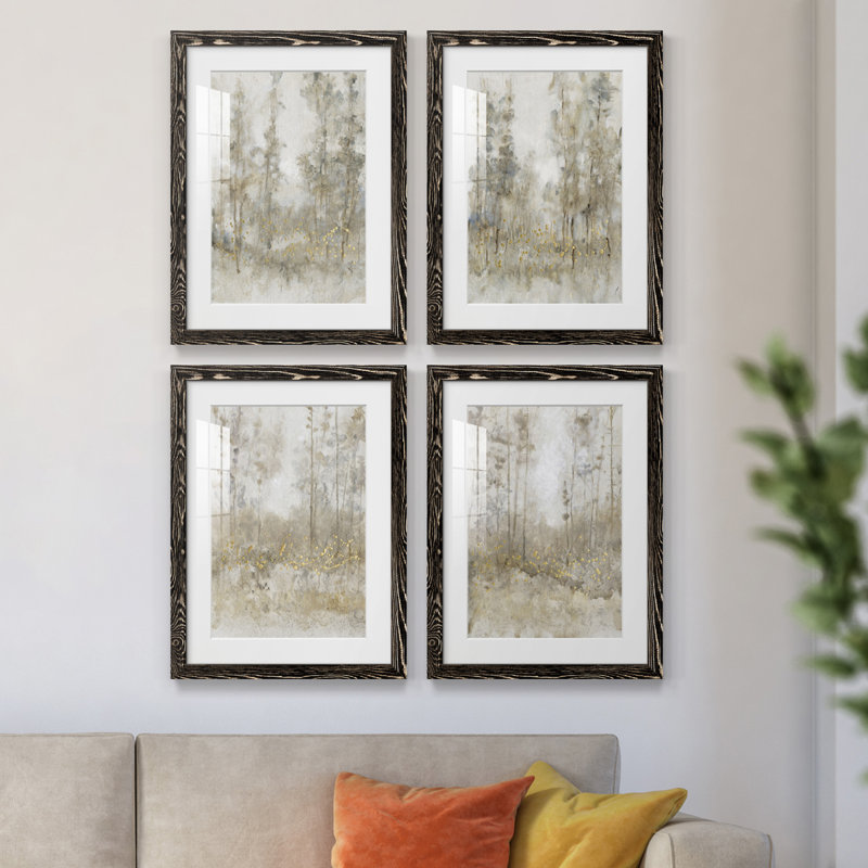 Thicket of Trees I - ensemble de 4 peintures encadrées, Cadre noir, H 24 po x l 72 po x P 1,5 po
