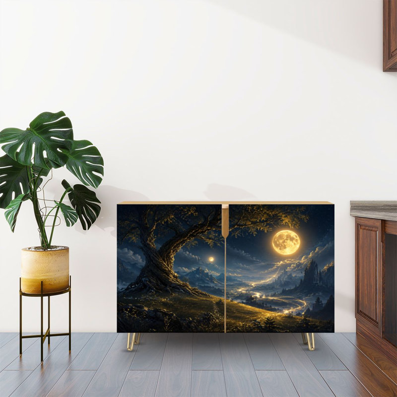 Buffet avec rangements dissimulés, 2 portes, décor féerique de paysage, arbre ancien, clair de lune, montagne et vallée. Mobilier multifonctionnel pour salon, cuisine et coin café.